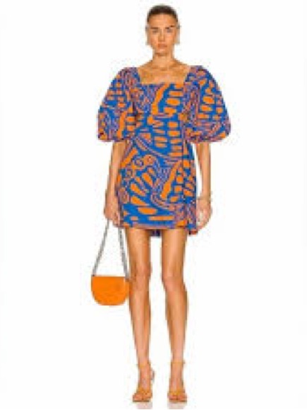 Alexis Blue And Orange Abstract Puff-Sleeve Mini Dress